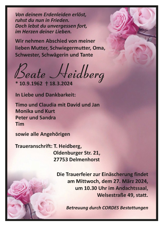 Todesanzeige von Beate Heidberg von Trauer.de