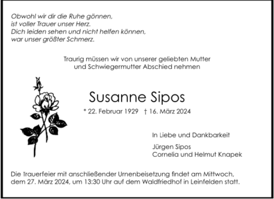 Todesanzeige von Susanne Sipos von trauer.de