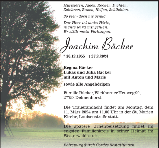 Todesanzeige von Joachim Bäcker von Trauer.de