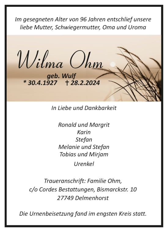 Todesanzeige von Wilma Ohm von Trauer.de