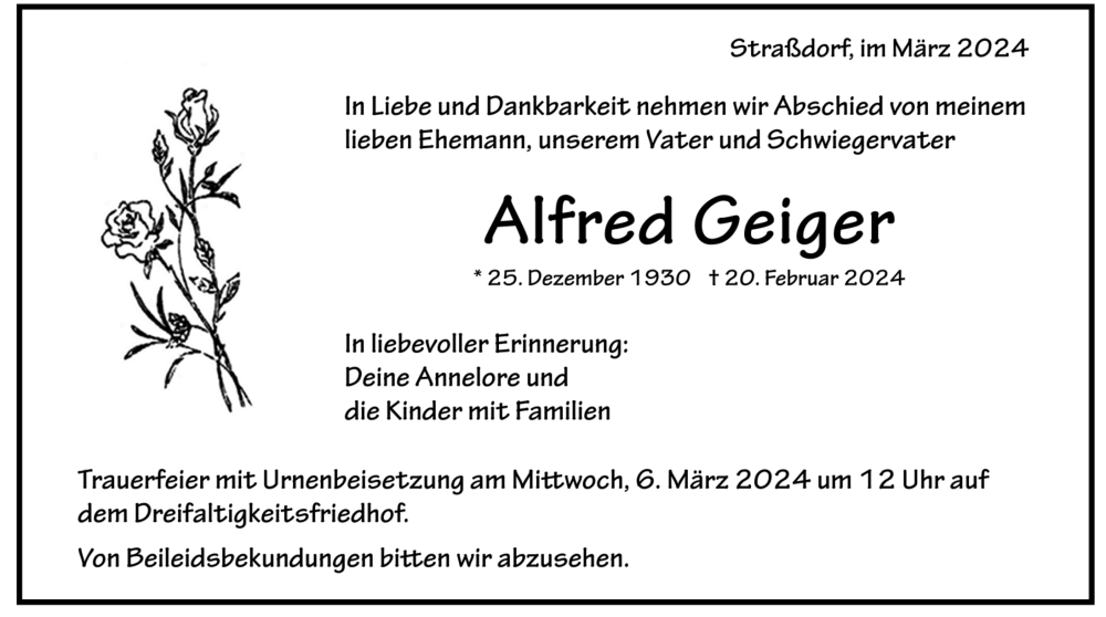  Traueranzeige für Alfred Geiger vom 04.03.2024 aus trauer.de