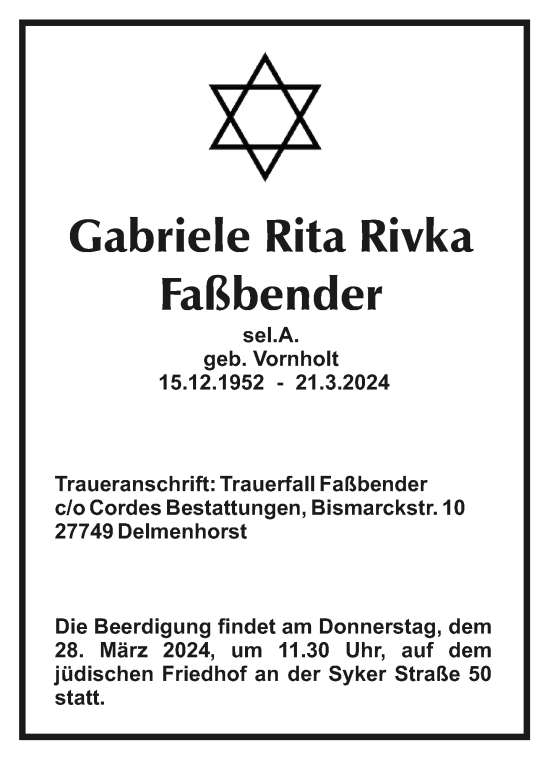 Todesanzeige von Gabriele Rita Rivka Faßbender von trauer.de