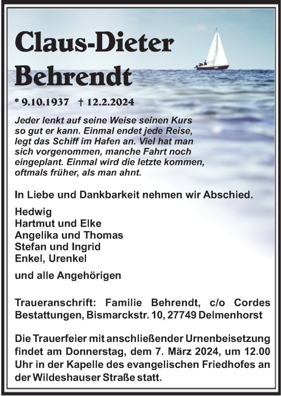 Todesanzeige von Claus-Dieter Behrendt von Trauer.de
