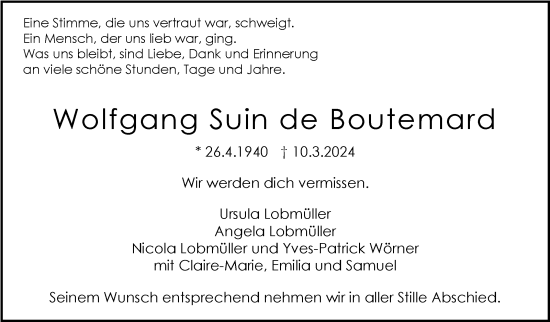 Todesanzeige von Wolfgang Suin de Boutemard von Trauer.de