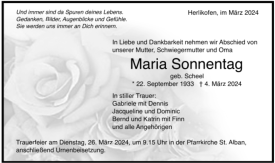 Todesanzeige von Maria Sonnentag von trauer.de