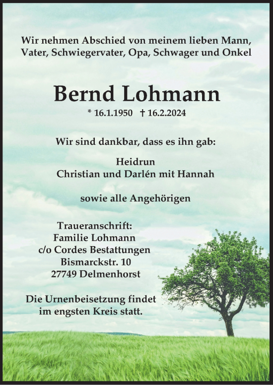 Todesanzeige von Bernd Lohmann von Trauer.de