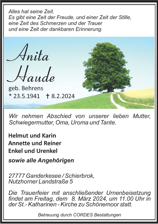 Todesanzeige von Anita Haude von Trauer.de
