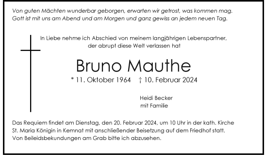 Todesanzeige von Bruno Mauthe von trauer.de