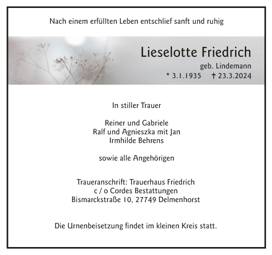 Todesanzeige von Lieselotte Friedrich von Trauer.de