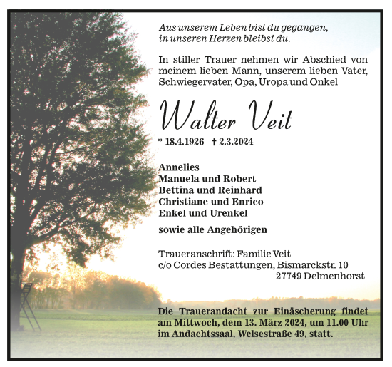 Todesanzeige von Walter Veit von trauer.de