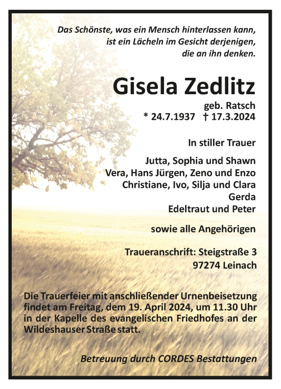 Todesanzeige von Gisela Zedlitz von Trauer.de