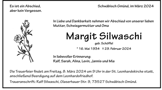 Todesanzeige von Margit Silwaschi von trauer.de