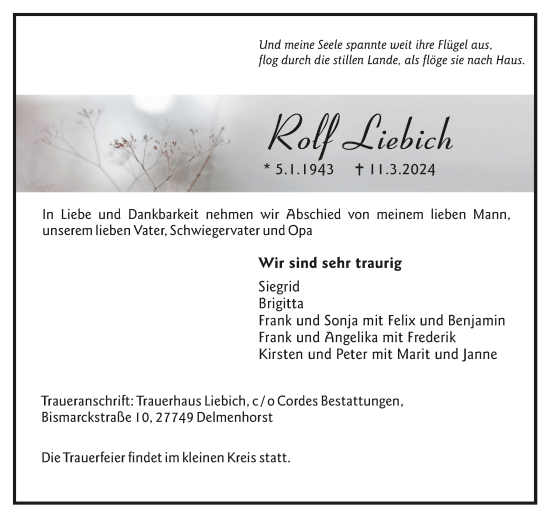 Todesanzeige von Rolf Liebich von trauer.de