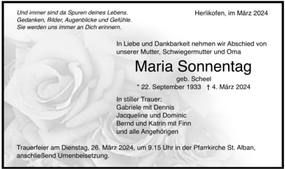  Traueranzeige für Maria Sonnentag vom 21.03.2024 aus trauer.de