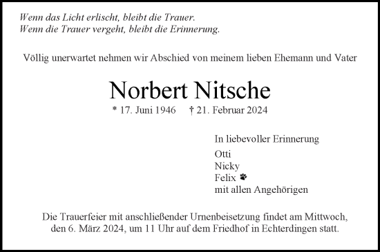 Todesanzeige von Norbert Nitsche von trauer.de