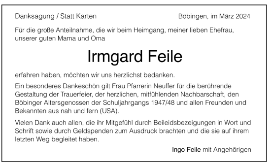 Todesanzeige von Irmgard Feile von trauer.de