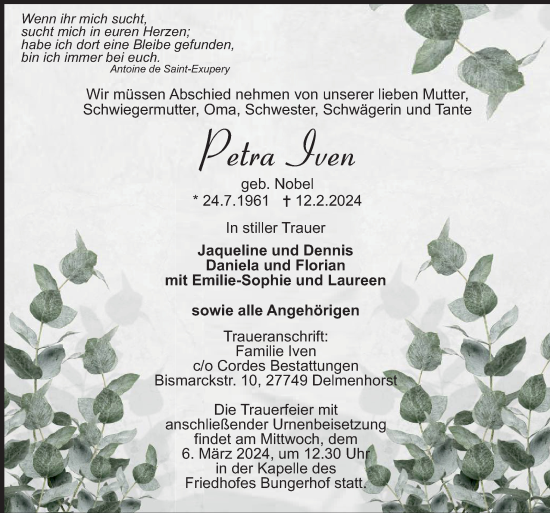 Todesanzeige von Petra Iven von Trauer.de