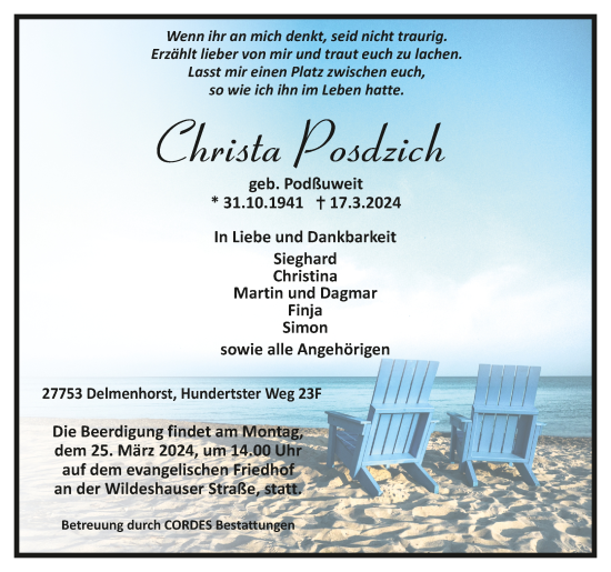 Todesanzeige von Christa Posdzich von Trauer.de