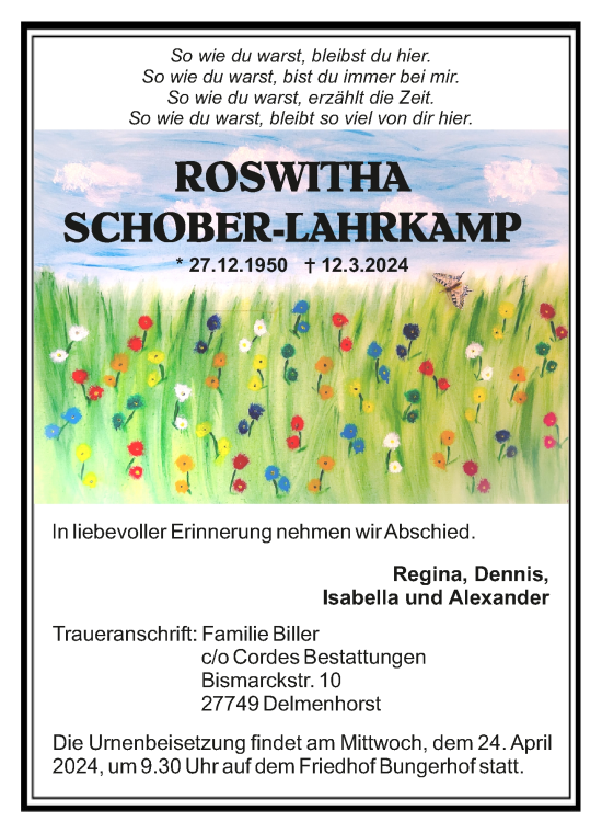 Todesanzeige von Roswitha Schober-Lahrkamp von Trauer.de
