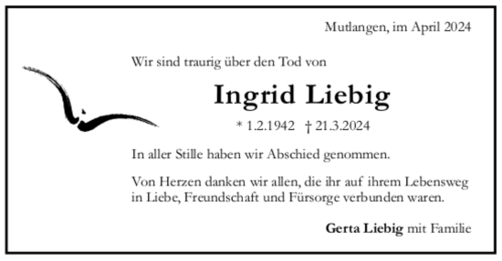 Todesanzeige von Ingrid Liebig von Trauer.de