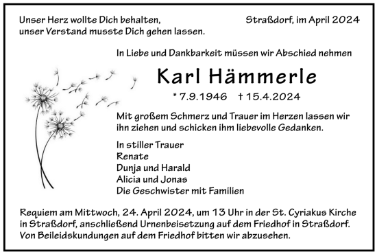 Todesanzeige von Karl Hämmerle von trauer.de