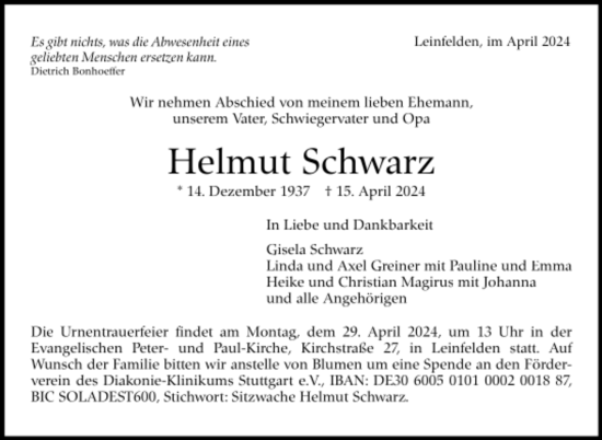 Todesanzeige von Helmut Schwarz von Trauer.de
