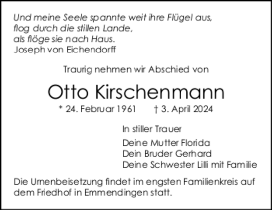 Todesanzeige von Otto Kirschenmann von Trauer.de