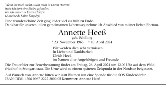 Todesanzeige von Annette Heeß von Trauer.de