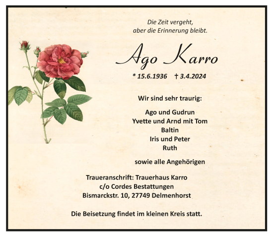 Todesanzeige von Ago Karro von trauer.de
