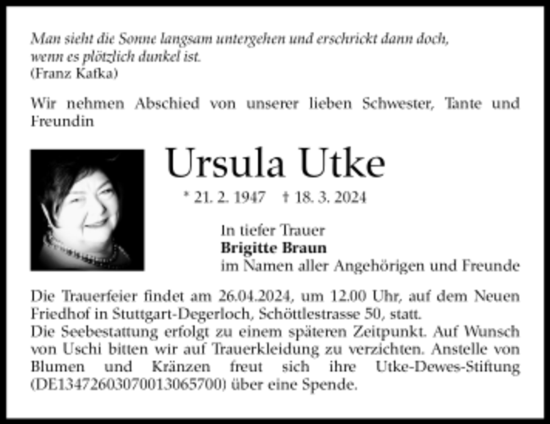 Todesanzeige von Ursula Utke 