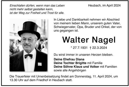 Todesanzeige von Walter Nagel von trauer.de