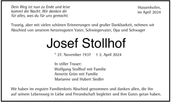 Todesanzeige von Josef Stollhof von trauer.de