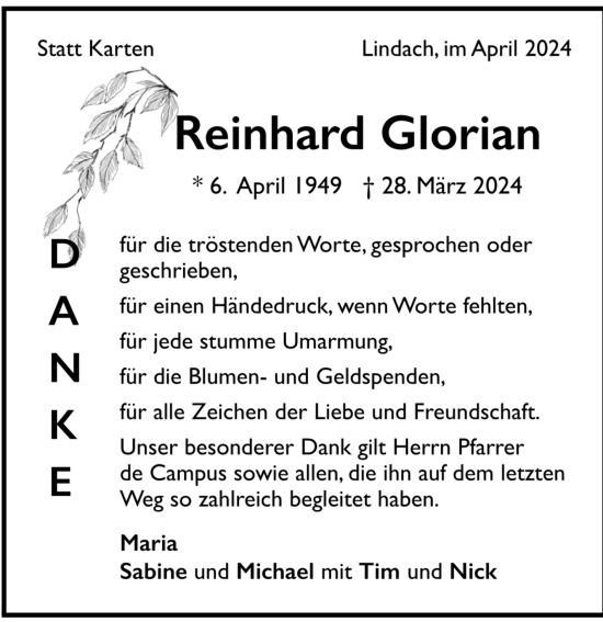 Todesanzeige von Reinhard Glorian von trauer.de
