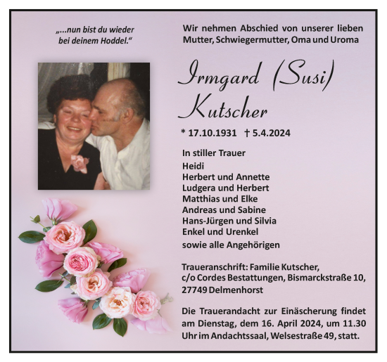 Todesanzeige von Irmgard Kutscher von Trauer.de