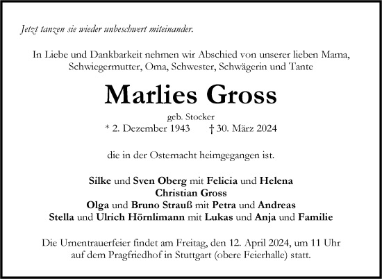 Todesanzeige von Marlies Gross von trauer.de