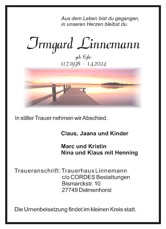 Todesanzeige von Irmgard Linnemann von trauer.de