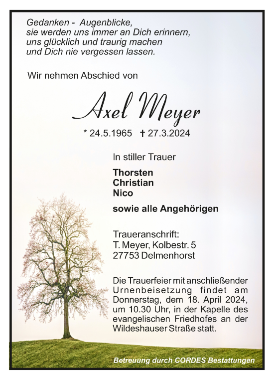 Todesanzeige von Axel Meyer von trauer.de