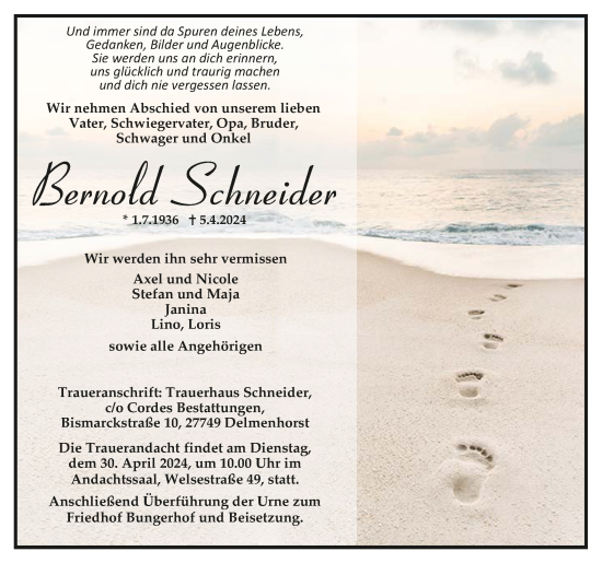 Todesanzeige von Bernold Schneider von Trauer.de