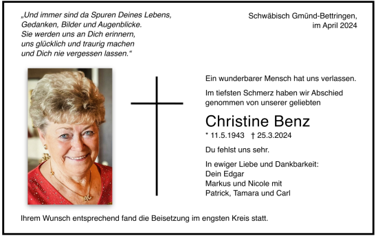 Todesanzeige von Christine Benz von trauer.de