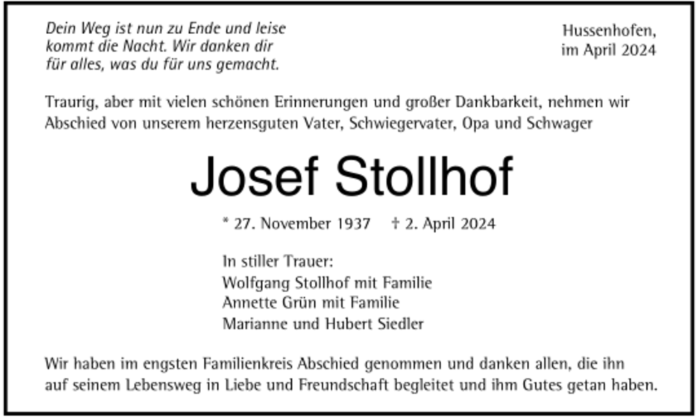  Traueranzeige für Josef Stollhof vom 17.04.2024 aus trauer.de