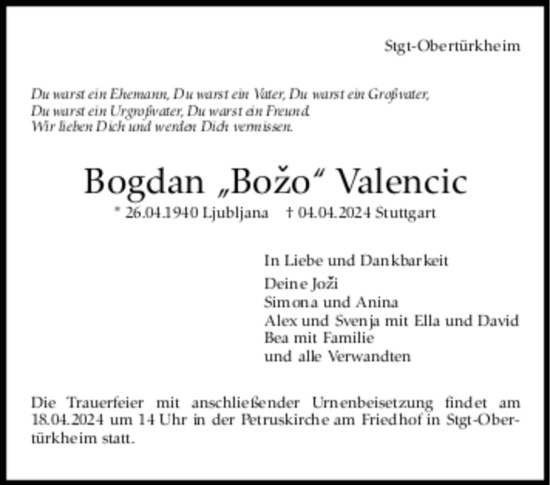 Todesanzeige von Bogdan Valencic von Trauer.de