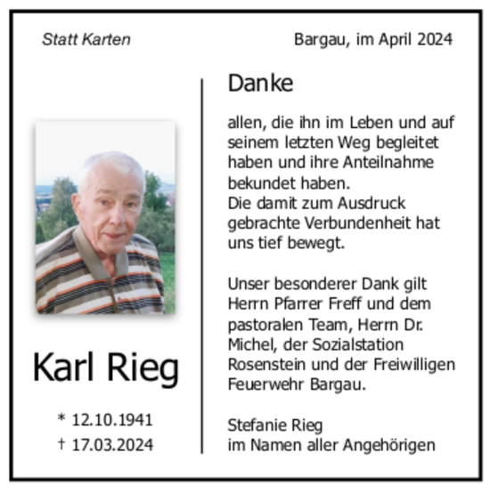 Todesanzeige von Karl Rieg von Trauer.de