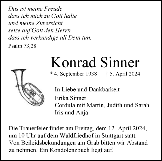 Todesanzeige von Konrad Sinner von trauer.de