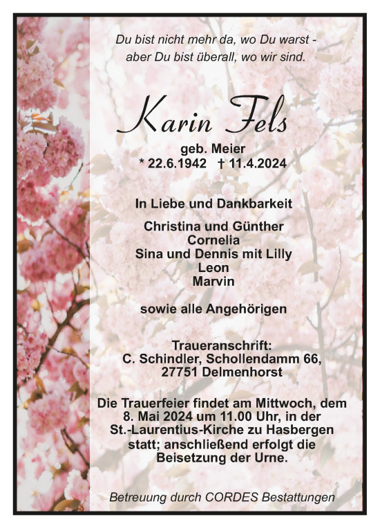 Todesanzeige von Karin Fels von Trauer.de