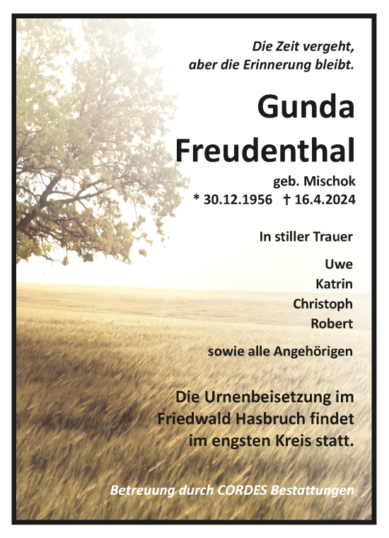 Todesanzeige von Gunda Freudenthal von trauer.de