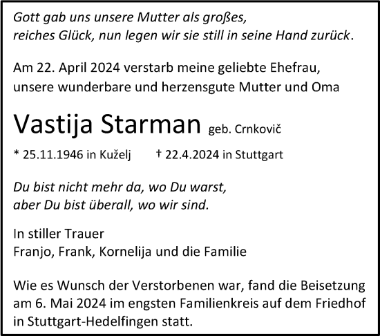 Todesanzeige von Vastija Starman von Trauer.de