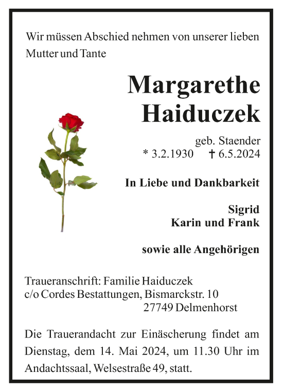 Todesanzeige von Margarethe Haiduczek von trauer.de