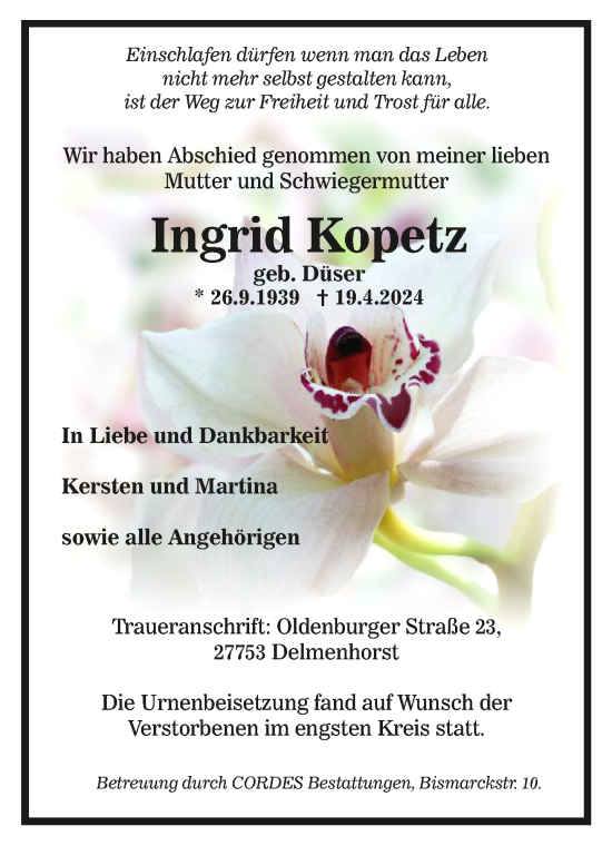 Todesanzeige von Ingrid Kopetz von Trauer.de