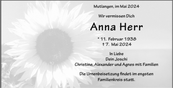 Todesanzeige von Anna Herr von Trauer.de