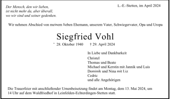 Todesanzeige von Siegfried Vohl von Trauer.de